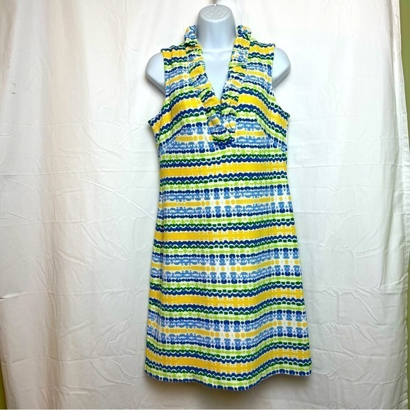 Vince Camuto‎ Ruffled VNeck Seersucker Summer Sleeveless Dress Back Zip Sz.8 - Picture 1 of 10